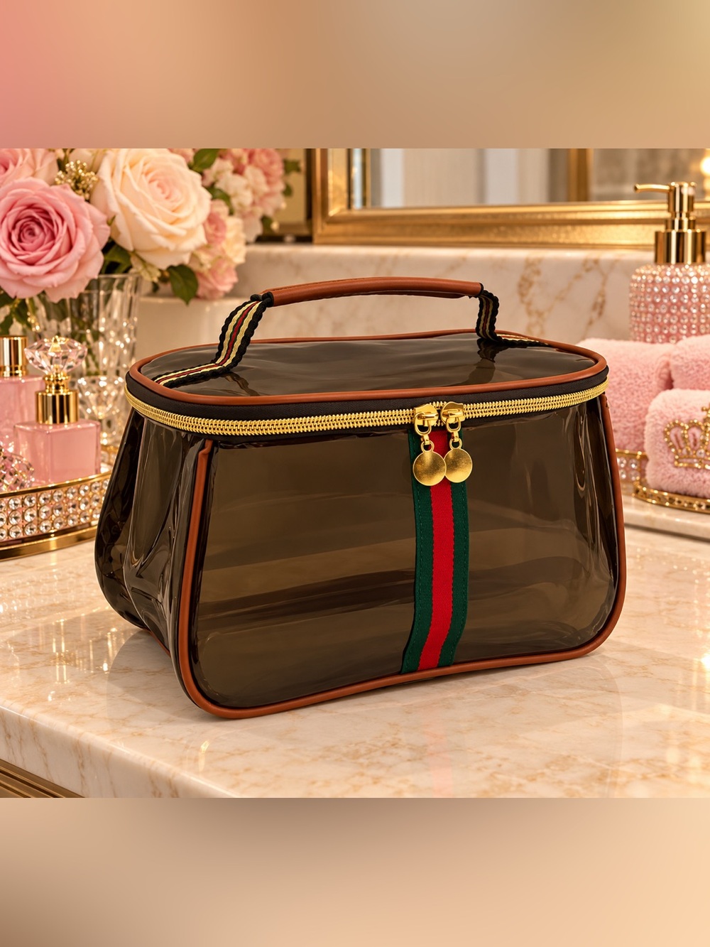 Designer Style Clear Brown Cosmetic Train Case with Green & Red Stripe